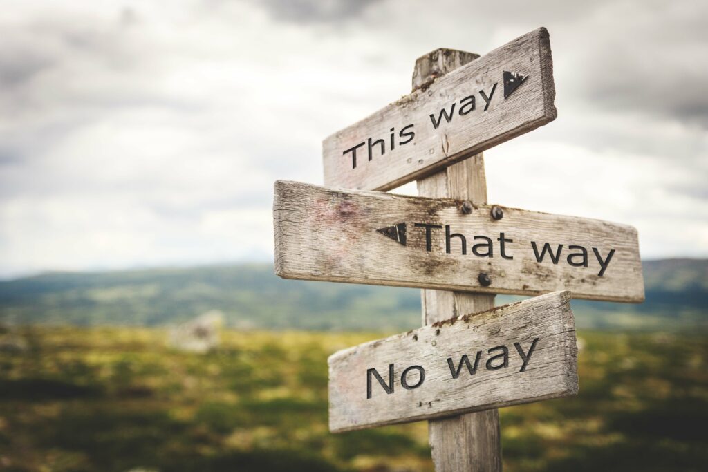 This way, that way, no way sign board. Nature, adventure, message, text, quote concept.